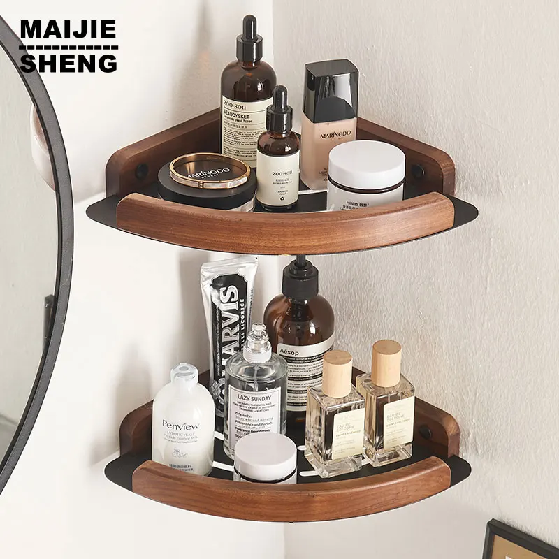 Black+White Bathroom Shelves Wall MountedSpace Aluminum+Wood Shower Corner Storage Shelf Multilayer Kitchen Organizer Rack