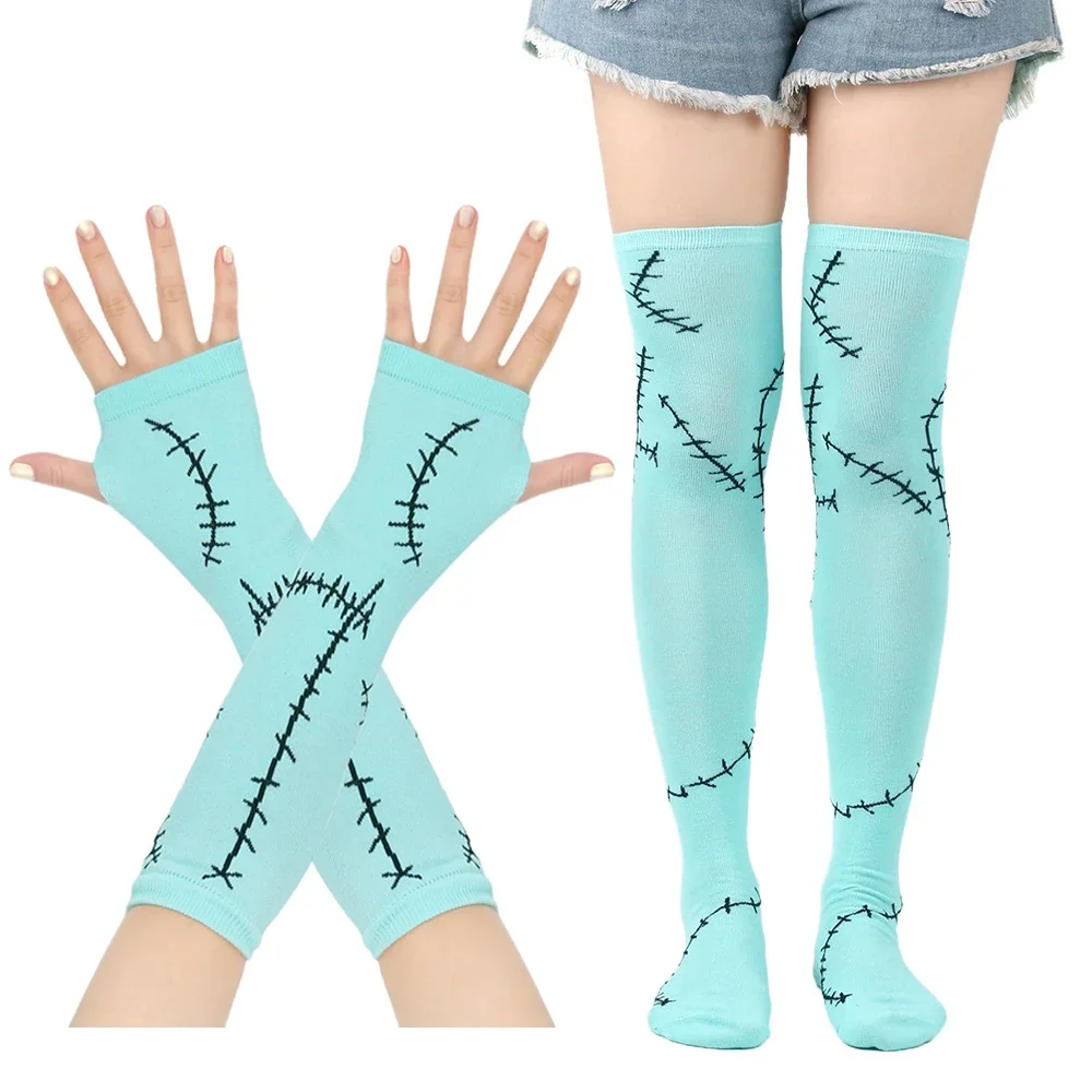 Movie Sally Cosplay Gloves Socks Zombie Suture Long Fingerless Gloves Elbow Mittens Stockings Set Halloween Costume Prop New