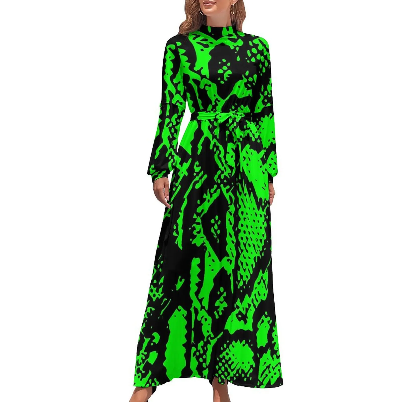 

Snakeskin Dress Green and Black Python Streetwear Beach Dresses Ladies Long Sleeve High Waist Cute Long Maxi Dress