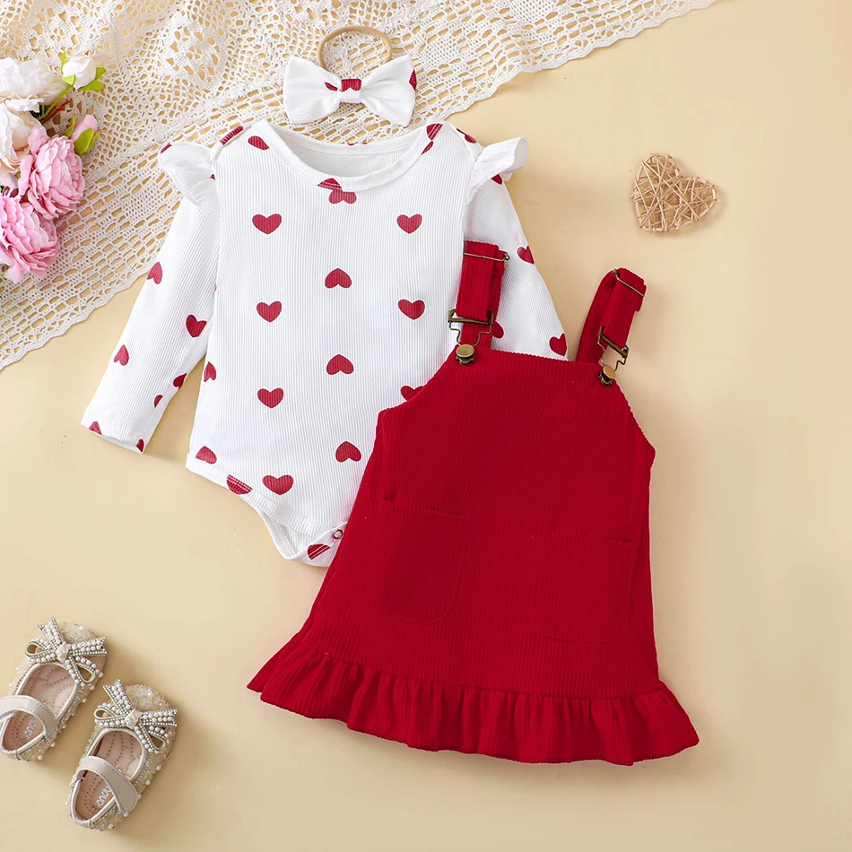 Comfortable Cute Infant Girls Three Piece Set Heart Print Flared Long Sleeves Strapless Dress and Hair Tie Great for Casual Wear