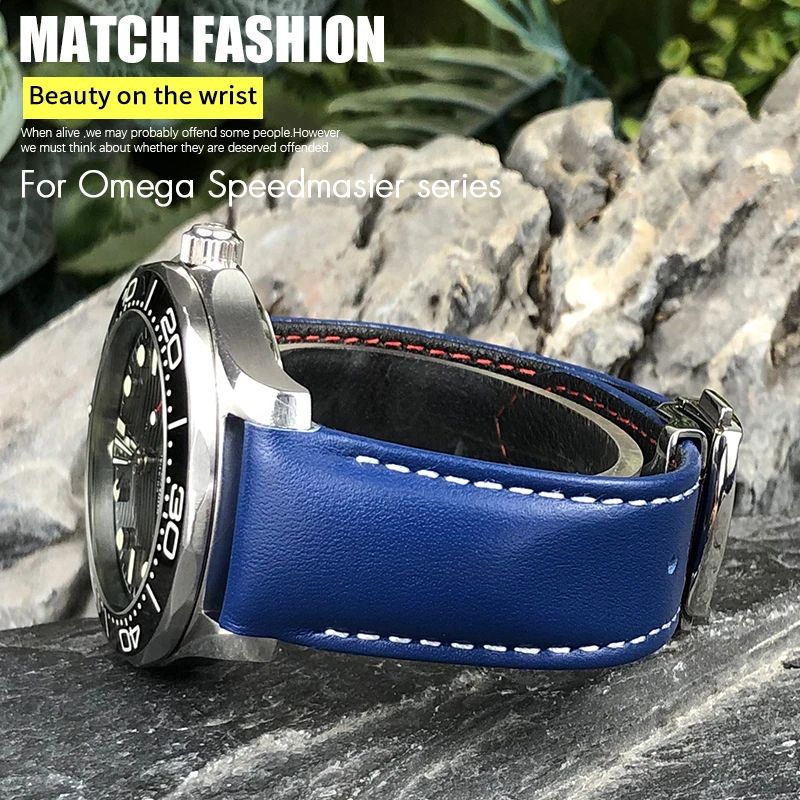 

Синий кожаный ремешок для часов из натуральной кожи 19 мм 20 мм 21 мм для Omega Seamaster 300 DE VILLE AT150 Moon Watch Ремешок из телячьей кожи