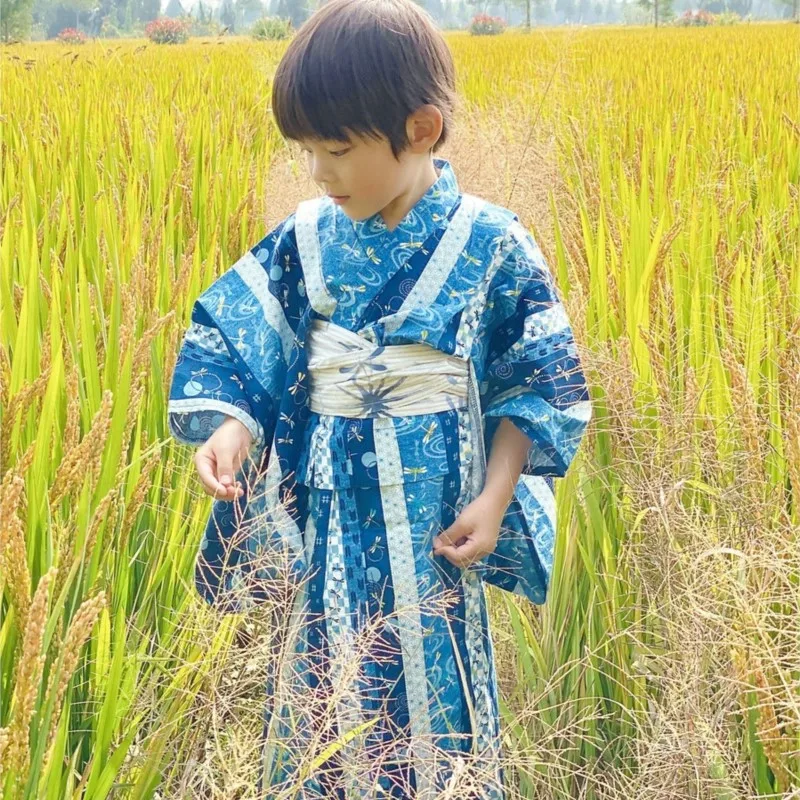 Boy Long Sleeve Formal Kimono Anti Wrinkle Japanese Style Fireworks Sea Wave Festival Children Clothing Long Robe Bathrobe ZE427