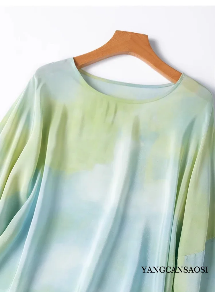 Ink Wash Blending 100% Natural Mulberry Silk Crepe De Chine Round Neck Printed Shoulder Down Loose Long Sleeved Casual T-shirt