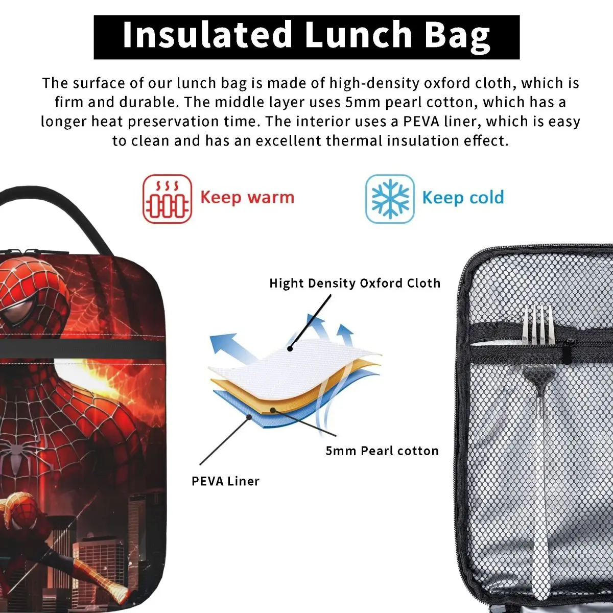 Spider Man Fantasy Borsa per il pranzo isolata Borsa termica riutilizzabile portatile Borsa per il pranzo Tote Borse per la conservazione degli alimenti all'aperto per ufficio