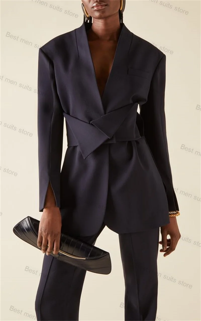 Black Women Suit Set 2 Piece Blazer+Pants Jacket With Belt Wedding Tuxedo Custom Made Sexy V Neck Formal Cotton Prom Coat