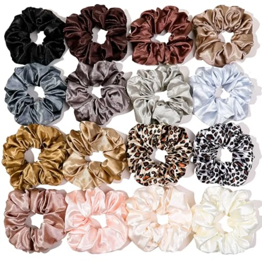 

16 Satin Scrunchies for Women Soft Hair Ties and Bands for Thick Curly Hair Perfect for Big Ponytails Keeps Hair in Place Witho