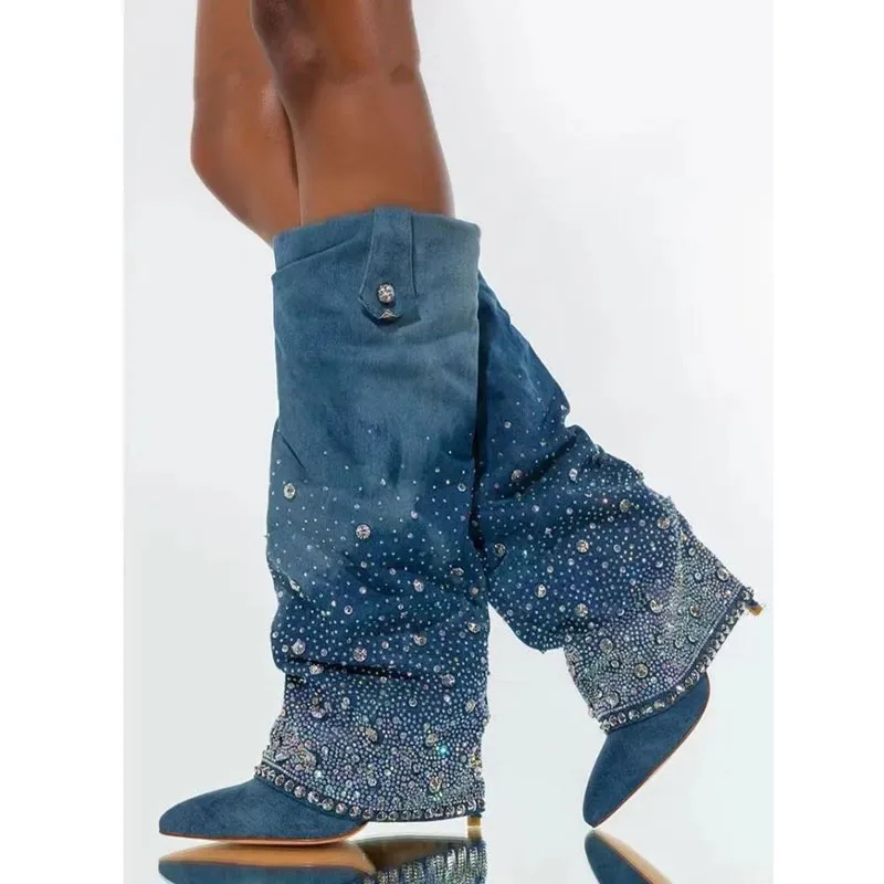 Blue Denim Starry Crystal Rhinestone Knee High Pants Boots Women Thin Heel Pointed Toe Tube Slip On Leisure Long Fold-over Botas