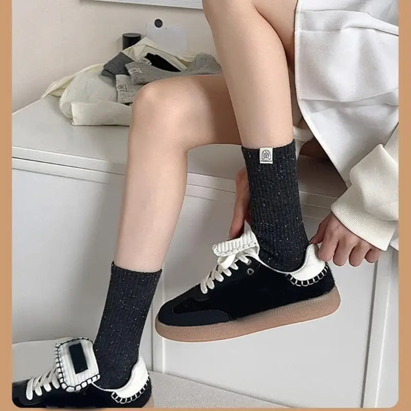

N7YE Dots Yarn Ribbed Cotton Socks for Home and Campus Wear Middle Calf Socks