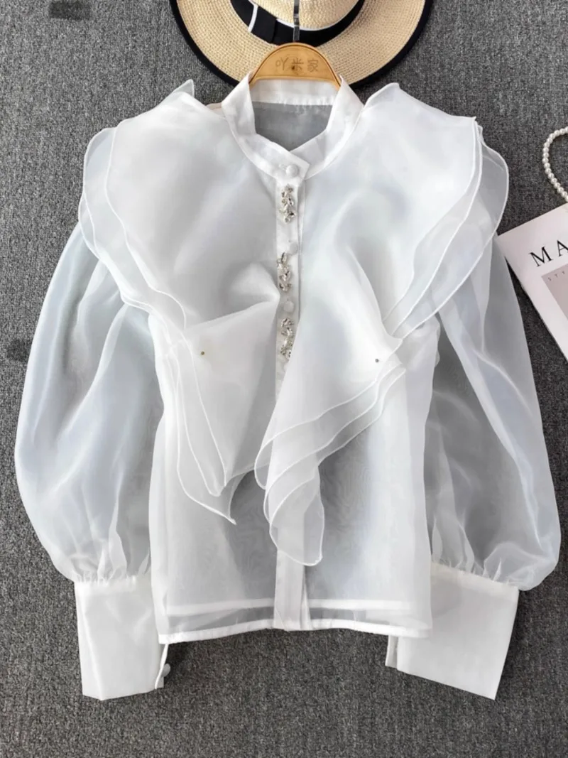 Court Style Stand Collar Layer Ruffled Organza Perspective Single Breasted Shirts Blouses for Women Blusas Mujer White Tops