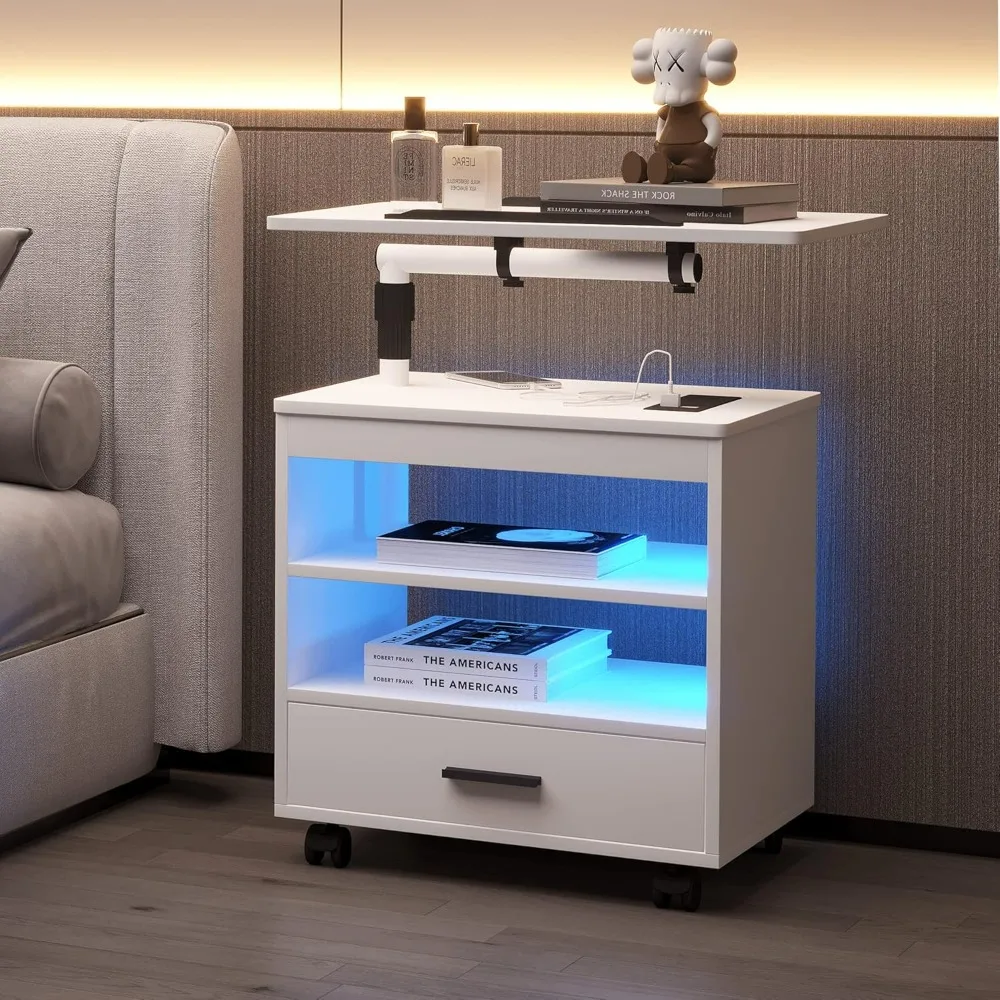 LED Nightstand with Outlet & Charging Station, Swivel Bedside Table with Wheels, Night Stand with Laptop Table  for Bedroom