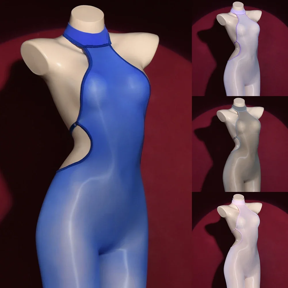 

Sexy Lingerie Women Oil Shiny Jumpsuit Elastic Bodysuit Sheer Stocking Smooth Crotchless Temptation Nightwear