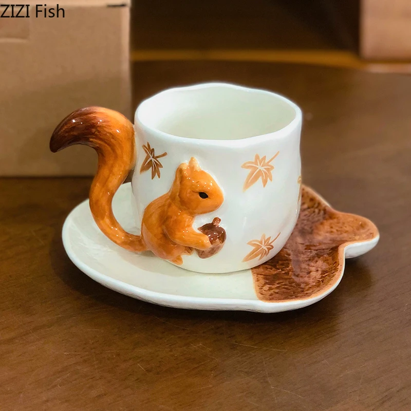 Tasse et soucoupe en porcelaine en Relief de feuille d'érable d'écureuil, tasse à café, Table à manger, tasses à fleurs, thé de l'après-midi, tasse à thé, Fruits, jus