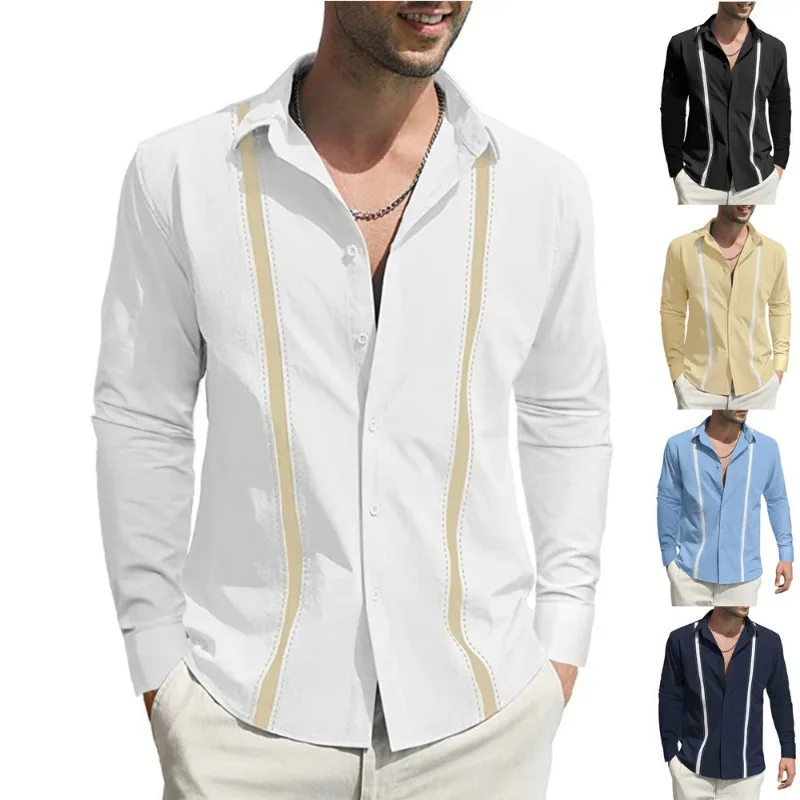 

2024 Men's Lapel Color Matching Long Sleeved Cardigan Linen Loose Casual Men's Long Sleeved Shirt