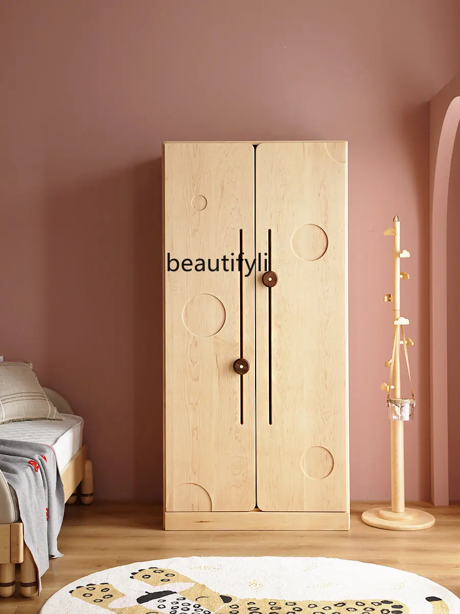 yj North American Hard Maple Wardrobe Double Door Solid Wood Bedroom Storage Locker Boys and Girls Wardrobe