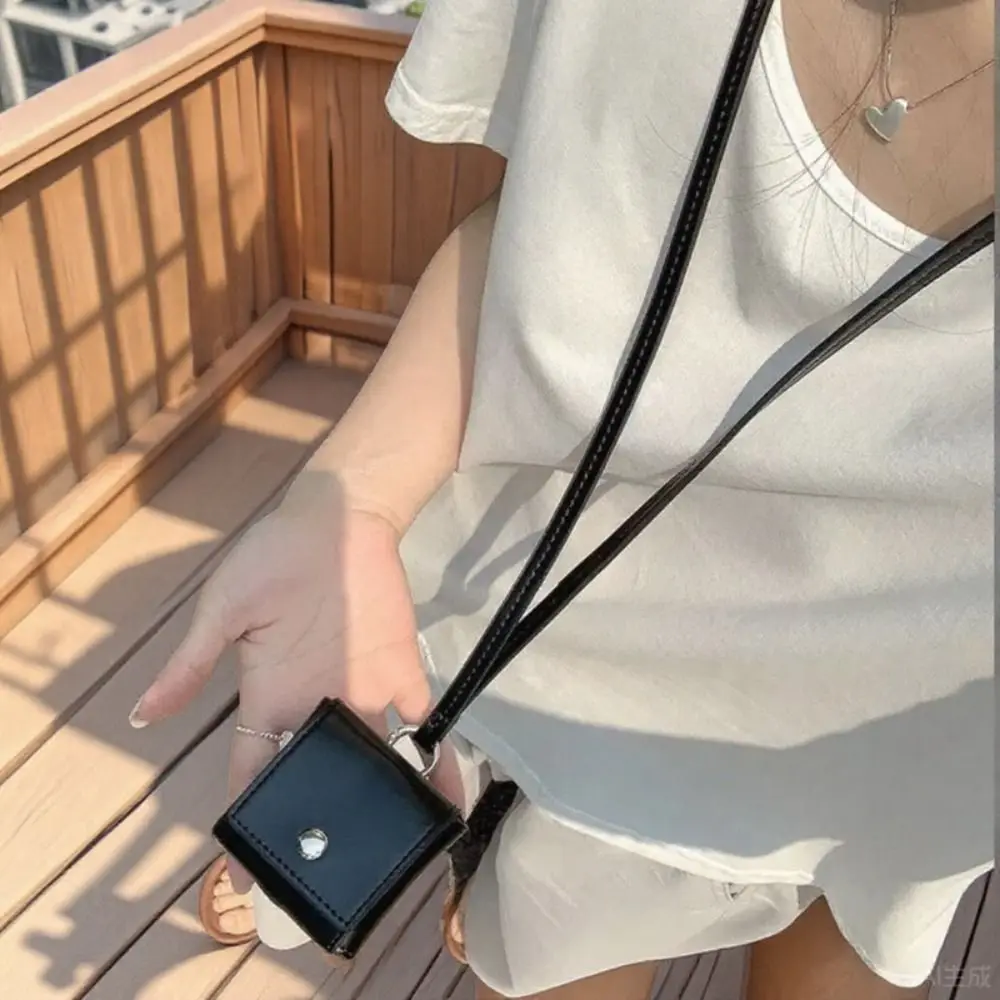 

Portable Hanging Neck Headphone Bag PU Leather Multifunctional Lanyard Lipstick Bag Card Holder Square Small Coin Purse Daily