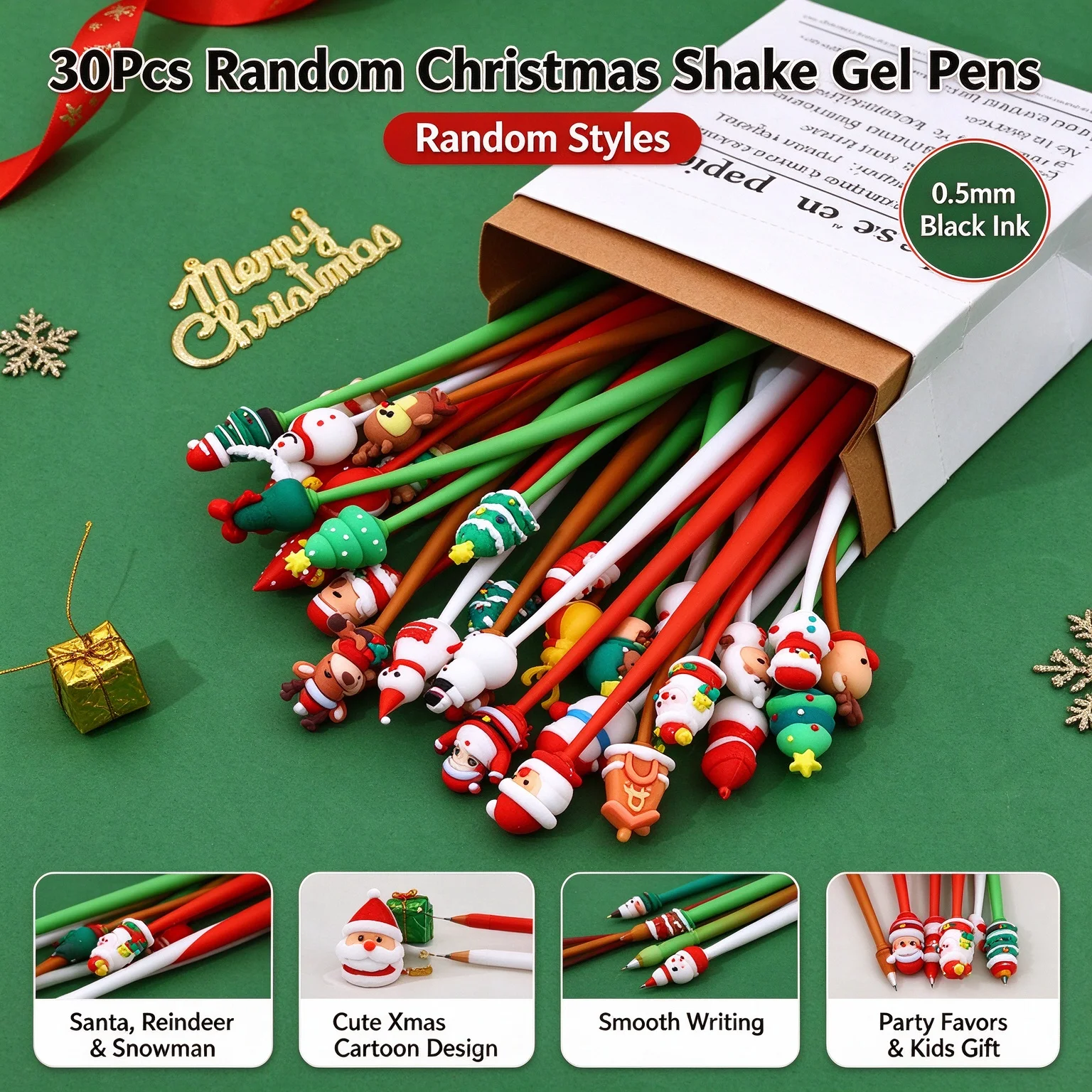 30Pcs/Lot Random Christmas Shake Gel Pen Cute Cartoon Santa Reindeer Snowman 0.5mm Black Ink Student Stationery Xmas Party Gift