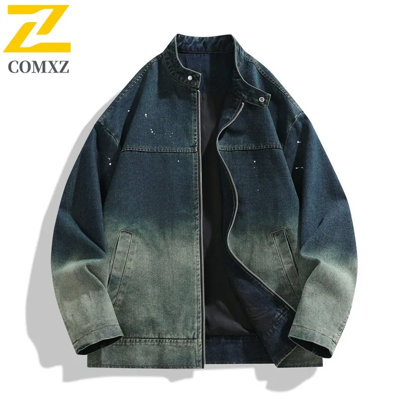 

COMXZ Мужская хлопковая куртка 2025 с капюшоном в американском стиле, ветрозащитная куртка, повседневная легкая осенне-зимняя куртка с принтом тай-дай