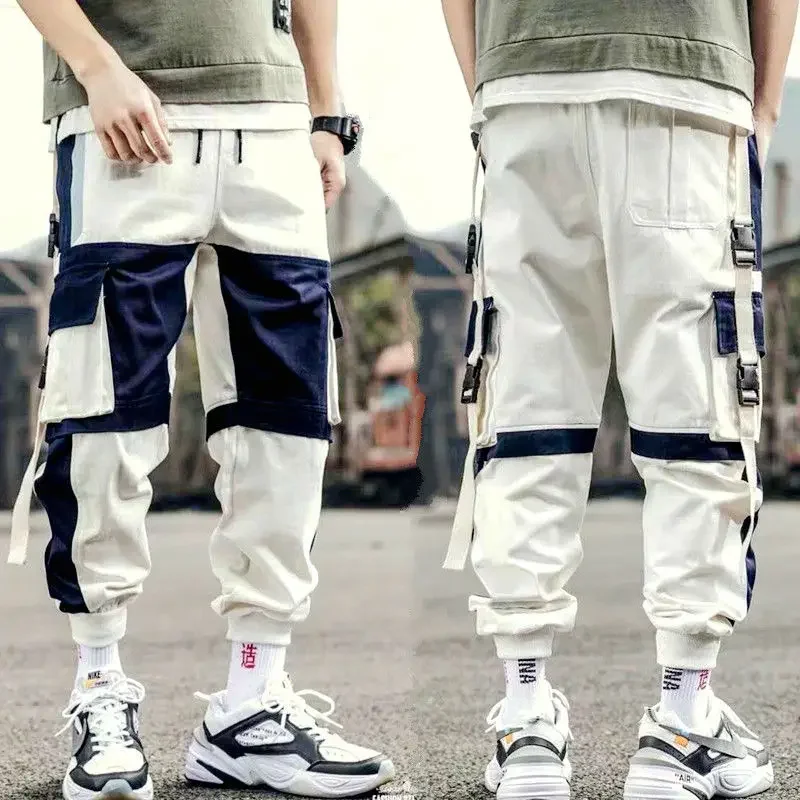 Joggers Cargo Pants for Men Casual Hip Hop Hit Color Pocket Male Trousers Sweatpants Streetwear Ribbons Techwear Pants