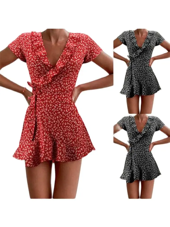 Vestido de Verano para Mujer Corte A-Line Elegante con Flores y Volantes, Escote en V, Corto y Chic 6