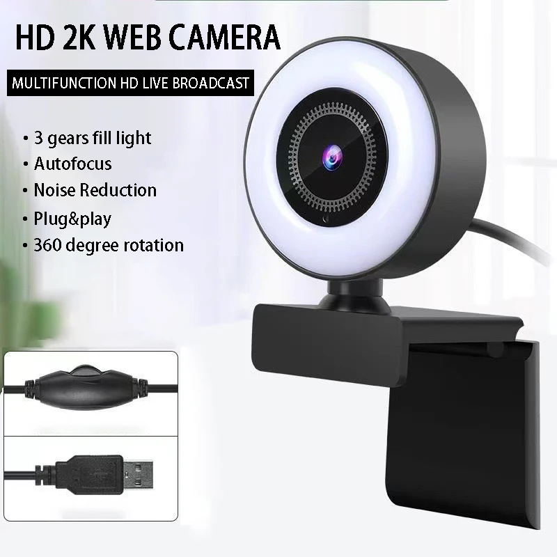 2K Webcam LED Fill Light USB 1080P Full HD Web Camera With Microphone Camera Live Broadcast For Youtube PC Laptop Video Calling