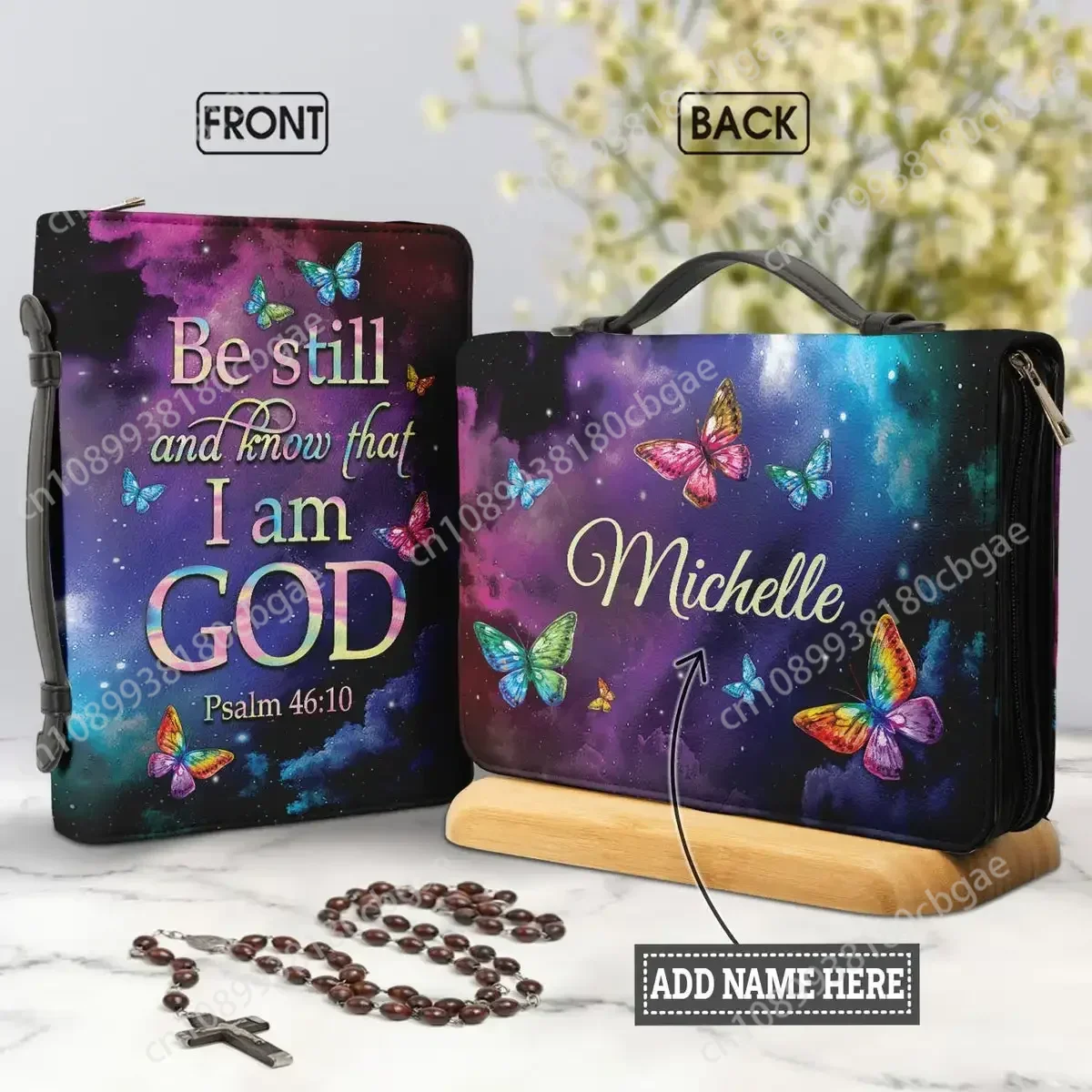 

Women's PU Leather Bible Cover Be Still And Know That I Am God Butterflies Design Ladies Bible Storage Bags Custom Your Name Bag
