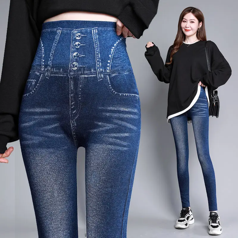 

2023 Autumn Winter New High-waisted Large-size Imitation Cashmere Denim Legging Women Slim Elastic Waist Small Foot Pencil Pants