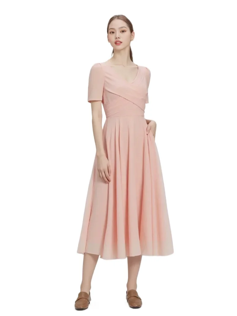 

Elegant V-neck Ruched Mid Length Dress With Short Sleeves Pink