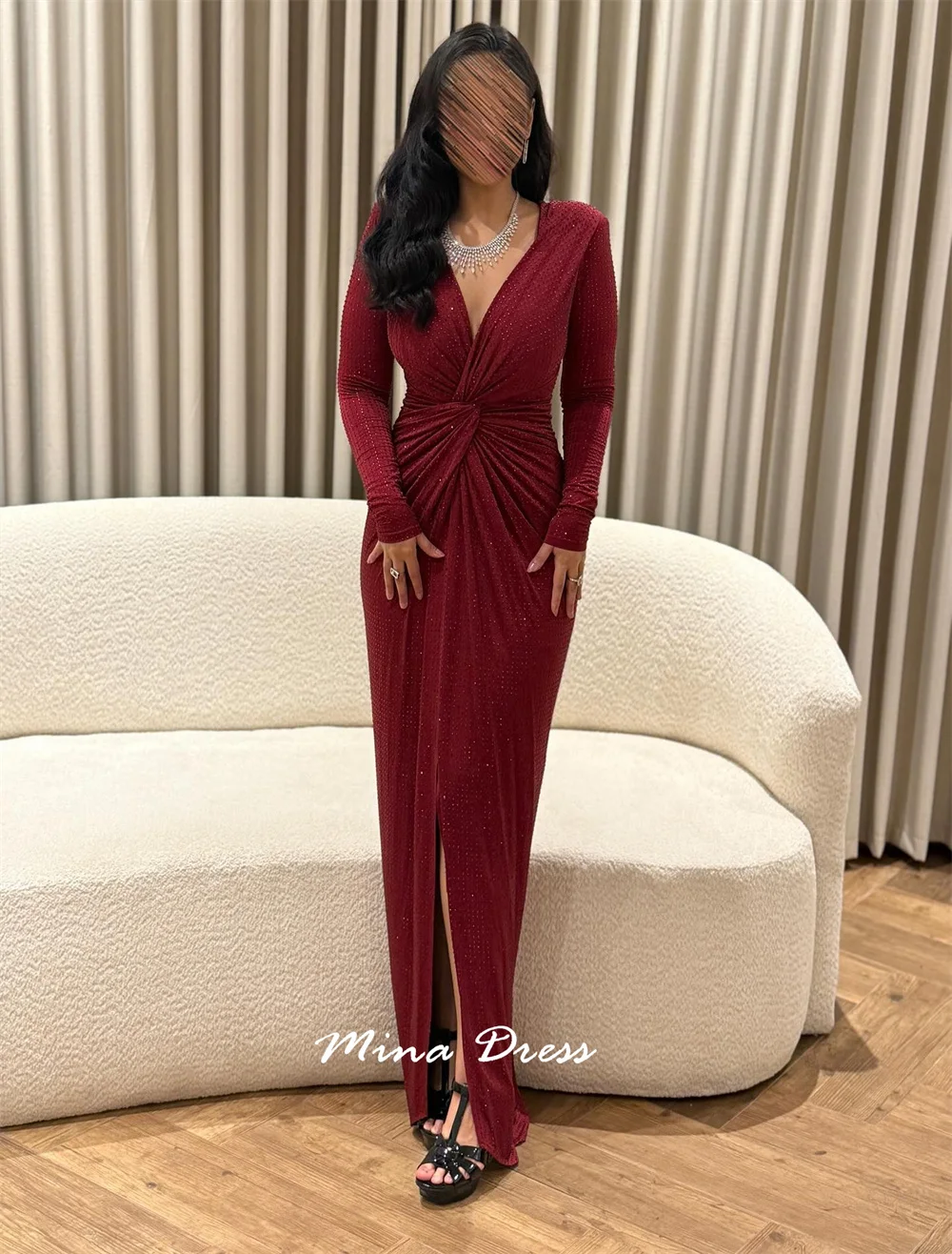 فستان سهرة عربي مخصص برقبة على شكل حرف V من مينا، فساتين نسائية أنيقة فاخرة وأكمام طويلة للمناسبات الخاصة، حفلة موسيقية