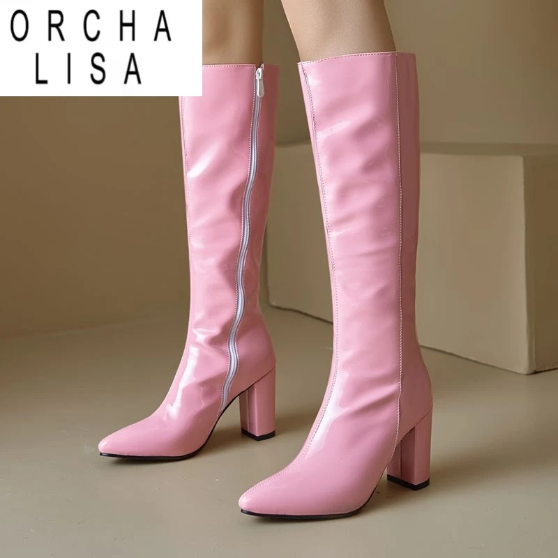 

ORCHA LISA 2025 Сексуальные женские ботинки с острым носком на блочном каблуке 8,5 см на молнии Большой размер 44 45 46 Блестящие гольфы для свиданий и вечеринок