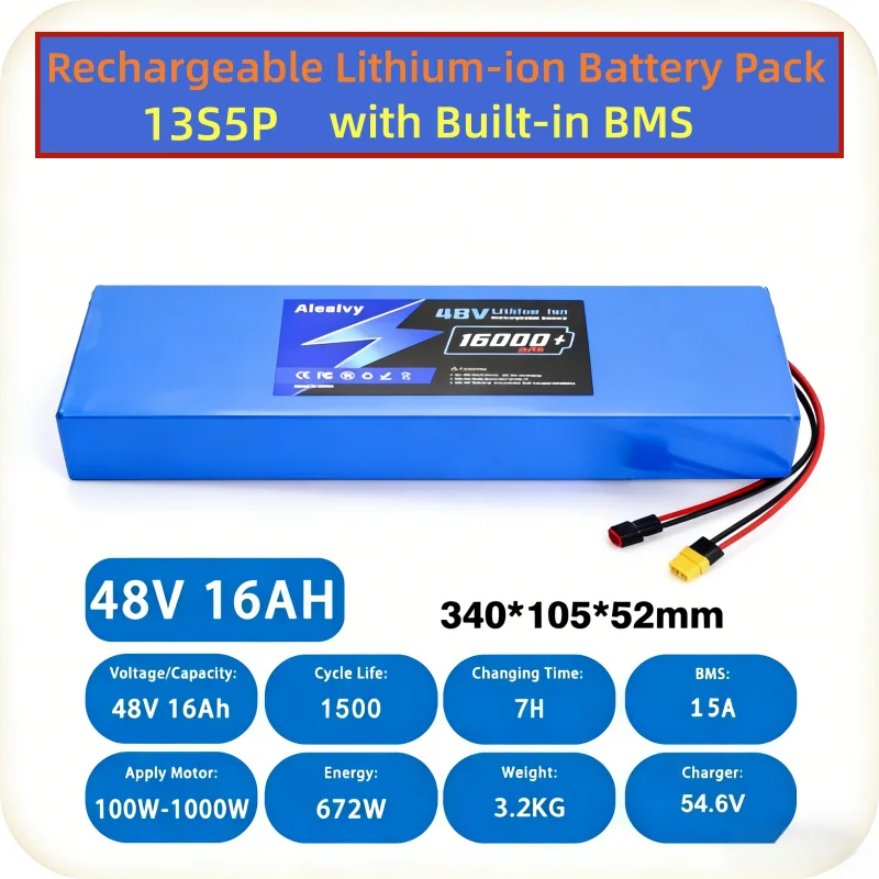 Nowa, mocna bateria litowa 48V 16000mAh 13S5P z wbudowanym BMS, akumulator do hulajnogi, deskorolki elektrycznej i części do deskorolki. — 2