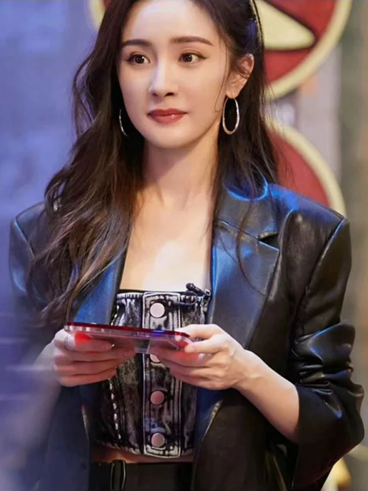 Damski płaszcz ze skóry naturalnej, średniej długości, w stylu Yang Mi, elegancki, na wiosnę i jesień, z wyższej półki, skóra bydlęca, styl biznesowy.