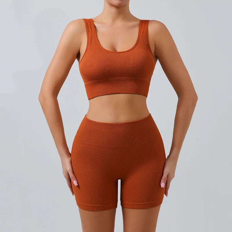 Seamless Ribbed Yoga Sets Workout Top for Women 1Pc Gym Suits Ribbed Crop Tank High Waist Shorts Outfits Fitness Running Bra