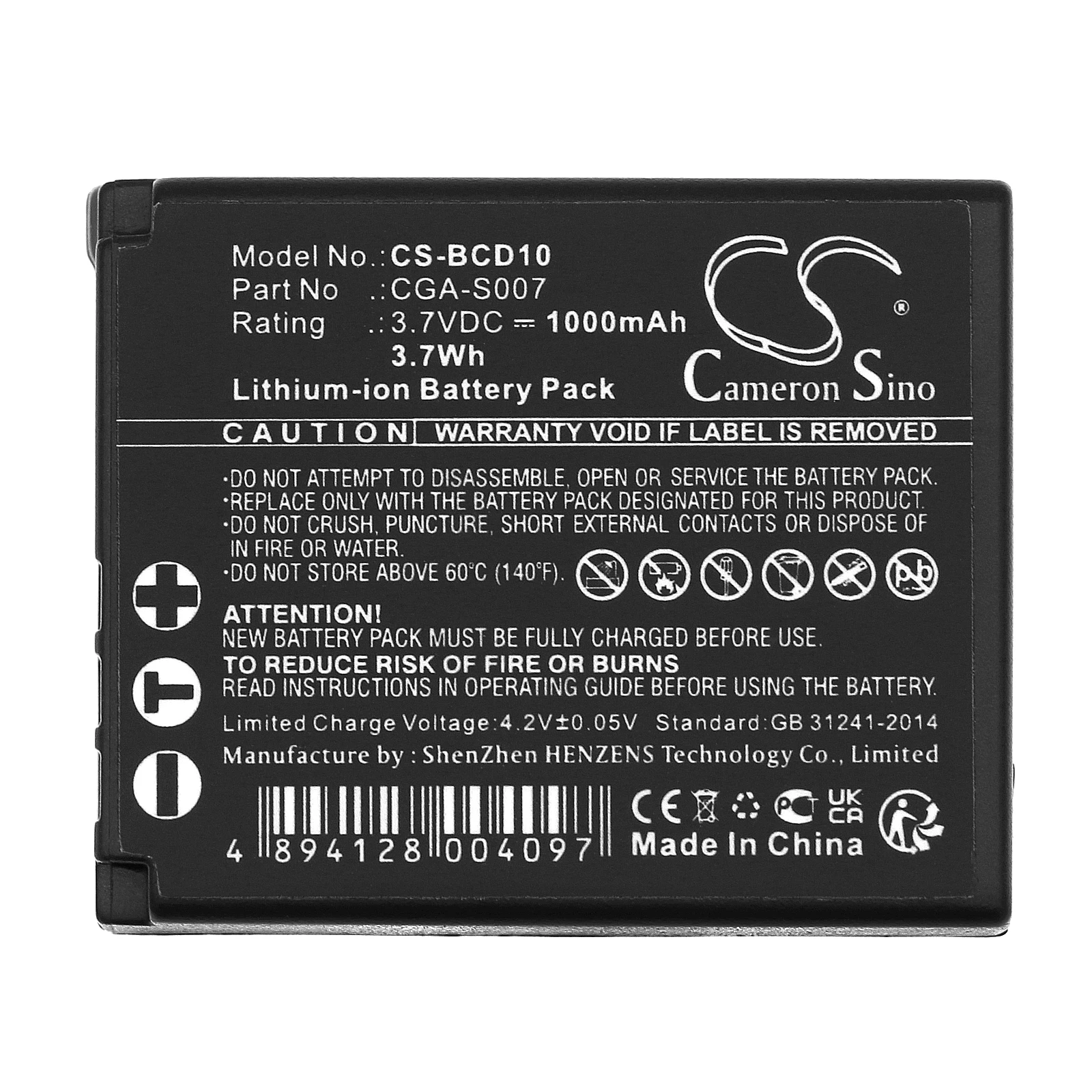 

Li-ion Camera Battery for Panasonic,3.7v,1000mAh,Lumix DMC-TZ1EG-S Lumix DMC-TZ11GK,CGA-S007E CGR-S007E DMW-BCD10