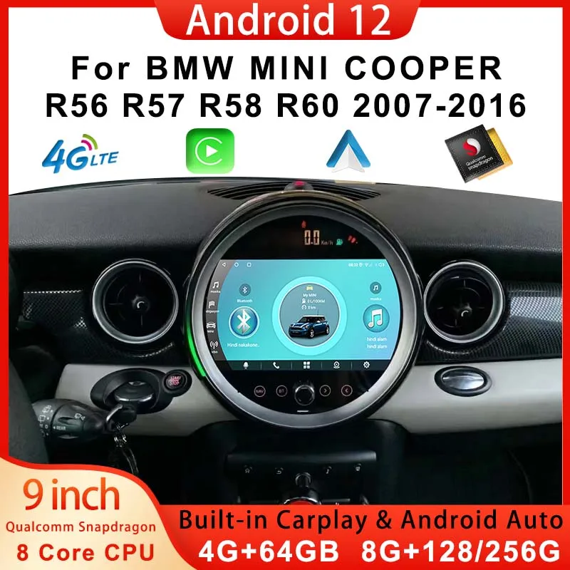 Qualcomm Android 12 Navigation GPS Carplay For BMW MINI COOPER R56 R57 R58 R60 2007-2017 WiFi Car Multimedia Player Radio Screen