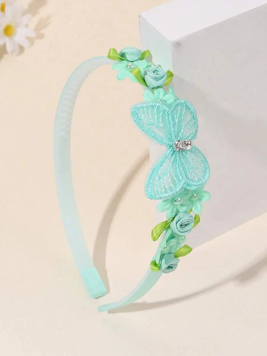 

Mint Green Butterfly Headband With Rose Flowers And Mesh Decor For Women