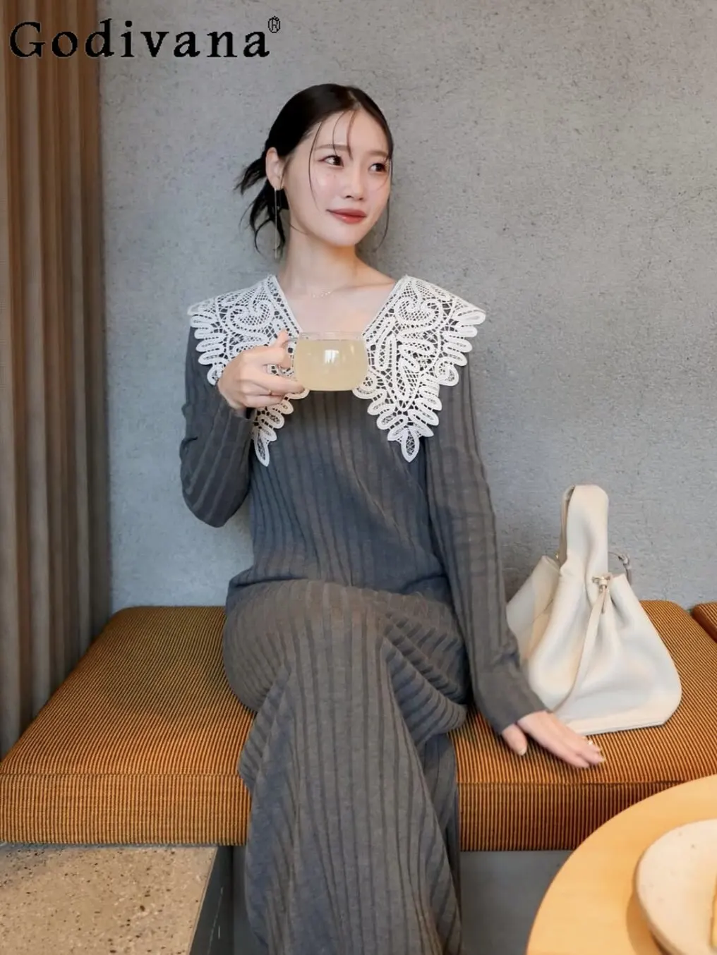 

Japanese Women's Casual Dress New Spring French Elegant Lace Collar Knit Long Dress Lady's Knit Long-sleeve Slimming Tight Dress