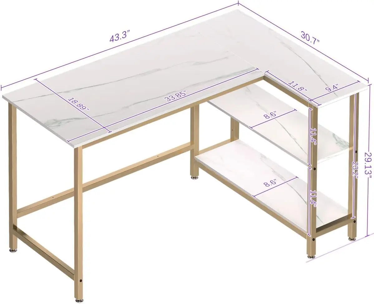 Escritorio de ordenador en forma de L, escritorio de oficina en casa con estante, mesa de esquina para juegos, trabajo, escritura y estudio, ahorro de espacio, blanco