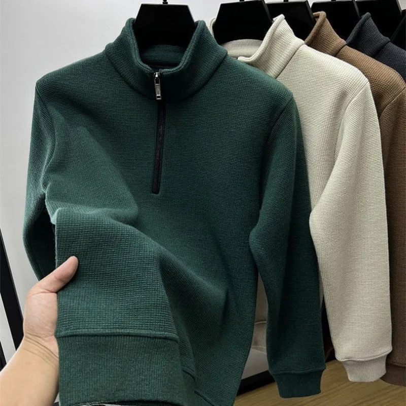 Men Clothing Mens Sweatshirt Stand Neck Half Zip Thicker Waffle Cotton High-quality Hoodie Autumn Winter Basic Tops Pullover