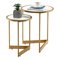 2 Set coffee table with marble look, side table wood with gold metal legs, coffee tables set modern compact for