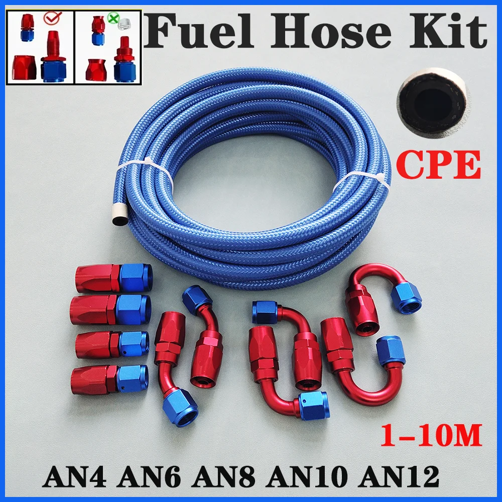 1-10Meter AN4 AN6 AN8 AN10 AN12 Blue Nylon Stainless Steel Braide CPE Oil Fuel Hose Line  Hose End Ftting Adapter Oil Hose Kit