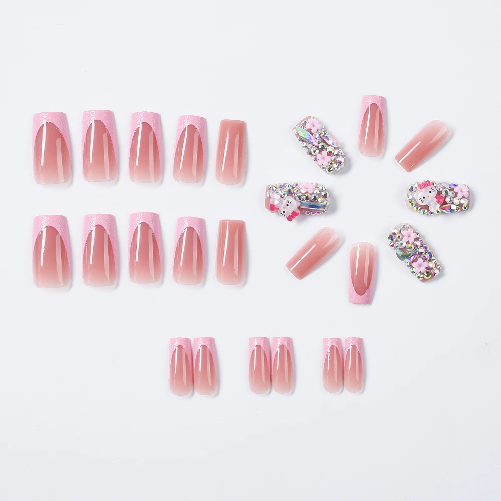 24Pcs Y2K Cartoon Glitter Pink False Nails HelloKitty Press On Nails with Rhinestone/Five-petal Flower French Deisgn for Wedding
