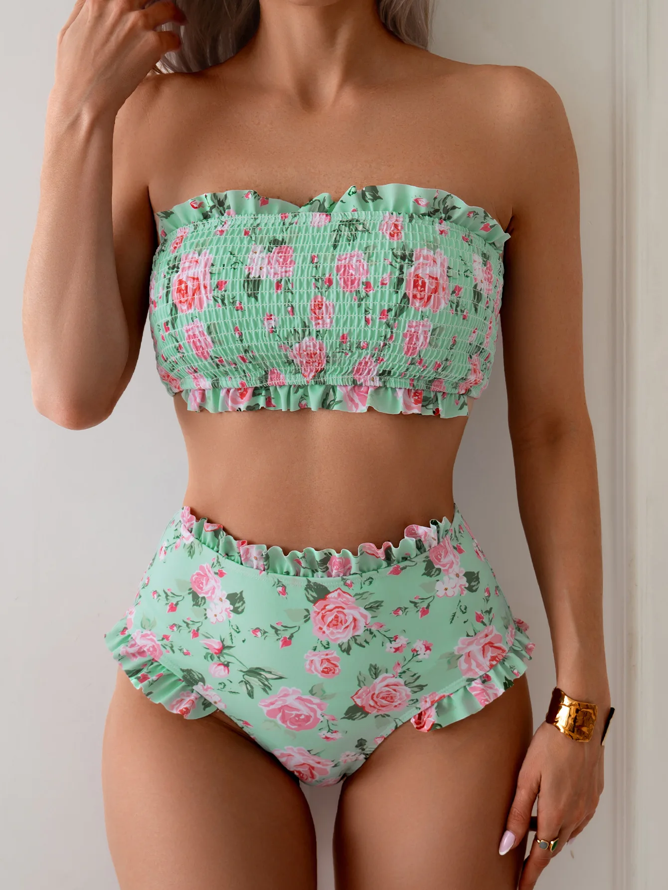 2025 Bandeau Bikini Set Women's Printed Off Shoulder High Waist Swimsuit Tummy Control Two Piece Bathing Suit for Beach Outfits