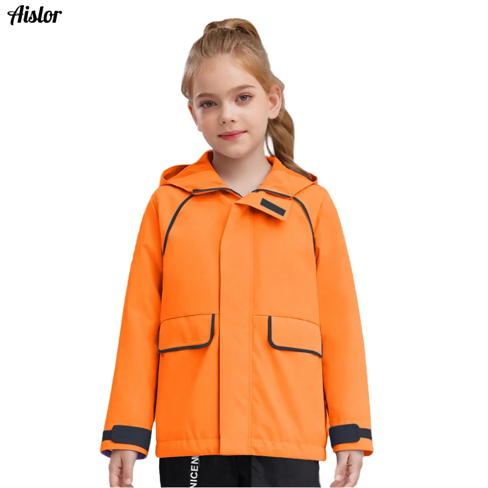

Kids Girl's Boys Water Resistant Hooded Jacket Stand Collar Long Sleeves Contrast Trim Coat Outdoor Outerwear with Flap Pockets