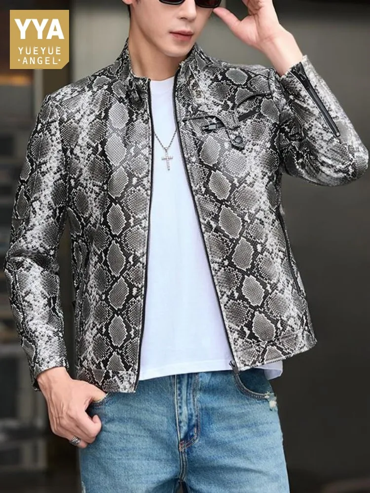 

Молодежная модная короткая куртка из натуральной кожи со змеиным узором на молнии, модная мужская тонкая верхняя одежда из овчины разных цветов с длинными рукавами