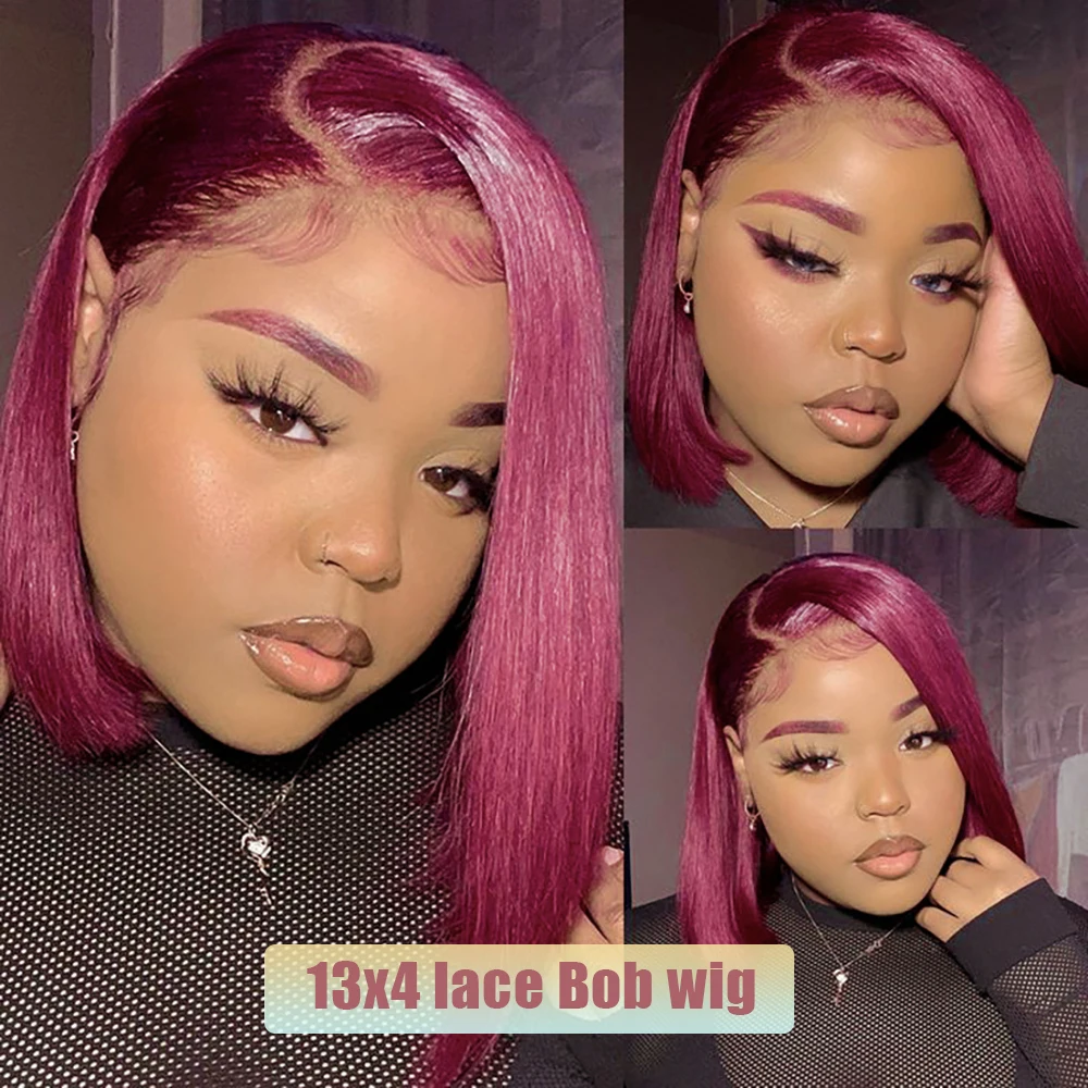 Perruque Bob Lace Front Wig naturelle ombrée, cheveux lisses, rouge 99J, 13 age, 4x4