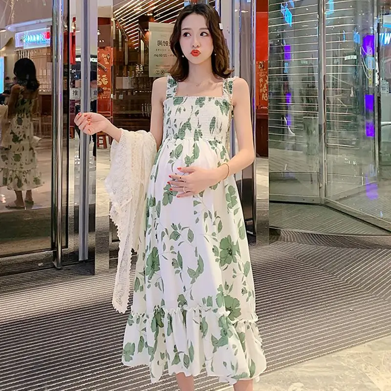 

2023 Summer Creative Pregnant Women's Dress Summer Long Strap Dress Pregnant Women's Printed Dress Maternity Strap Dress LE973