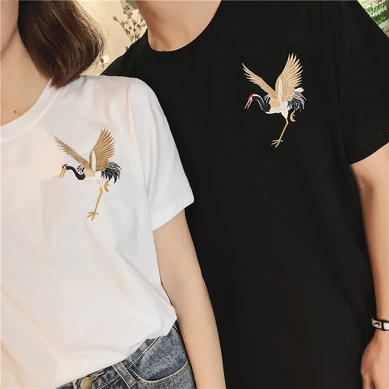 Harajuku Japan Brand Chic Crane Bird Embroidery T Shirts Men Women Oversized Y2k Tops Cotton Black White Summer Tee Hip Hop 2022