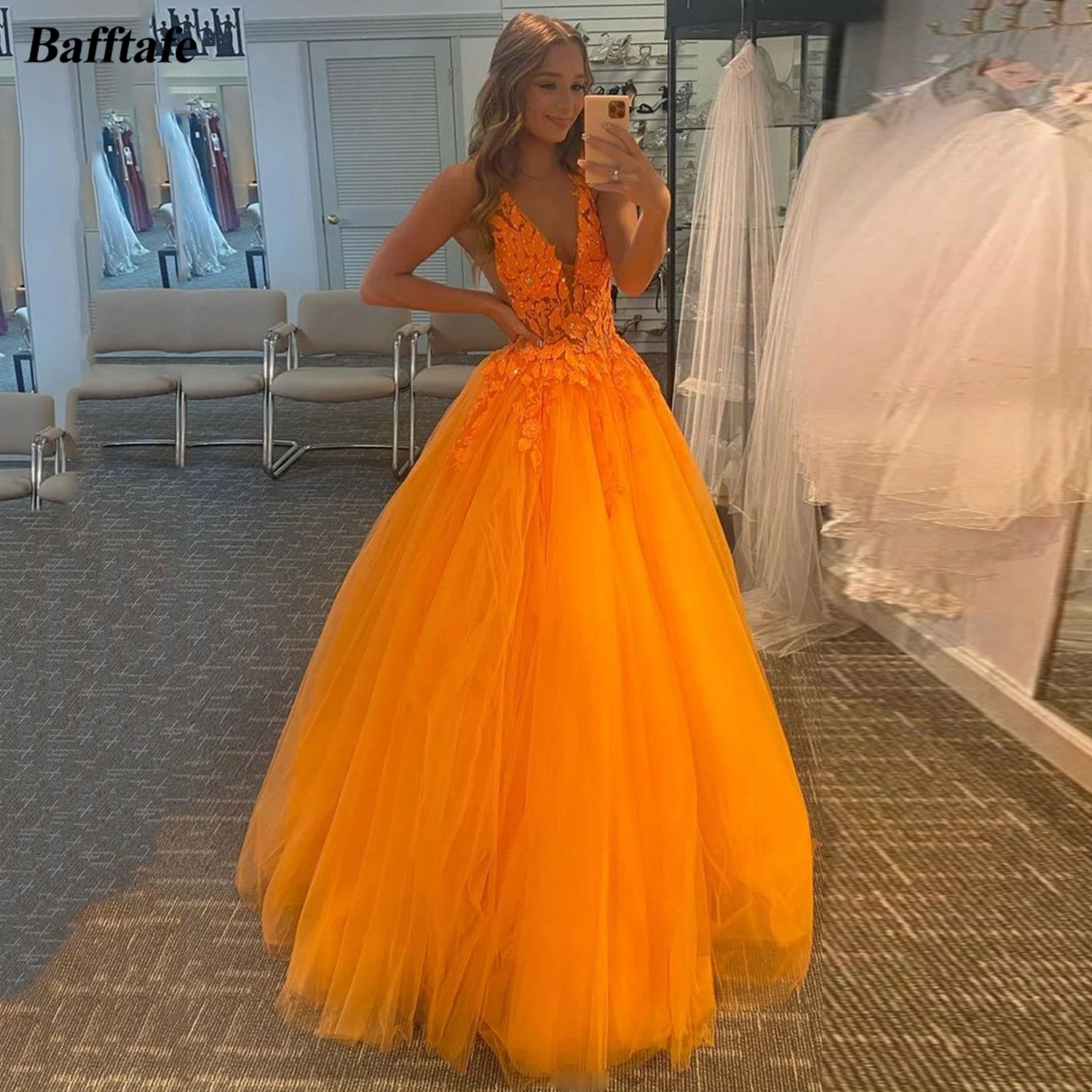 Bafftafe-vestidos formales de graduación de color amarillo dorado, apliques de cuentas de encaje con cuello en V y espalda descubierta, vestidos de noche largos para mujer, vestido de fiesta personalizado