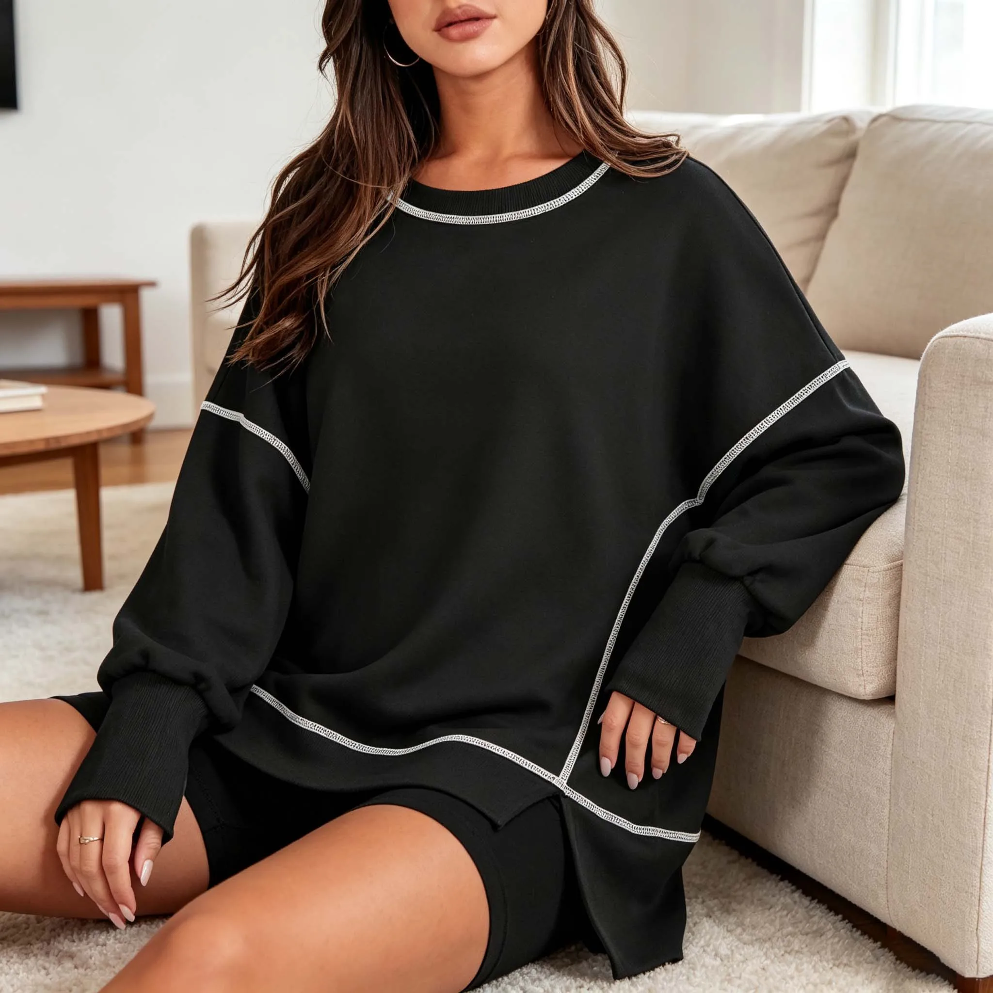 Solid Color Block Round Neck Pullover for Women Featuring Loose for Fit Long Sleeves and Polyester Fabric for Comfortable Wear