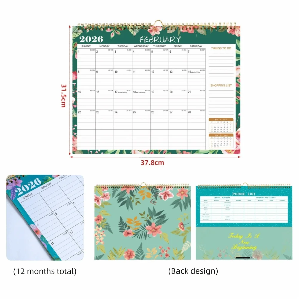 English Version 2026 Wall Calendar Large Date Blocks Floral Design Monthly Planner Thick Paper Vertical Display Hanging Planner
